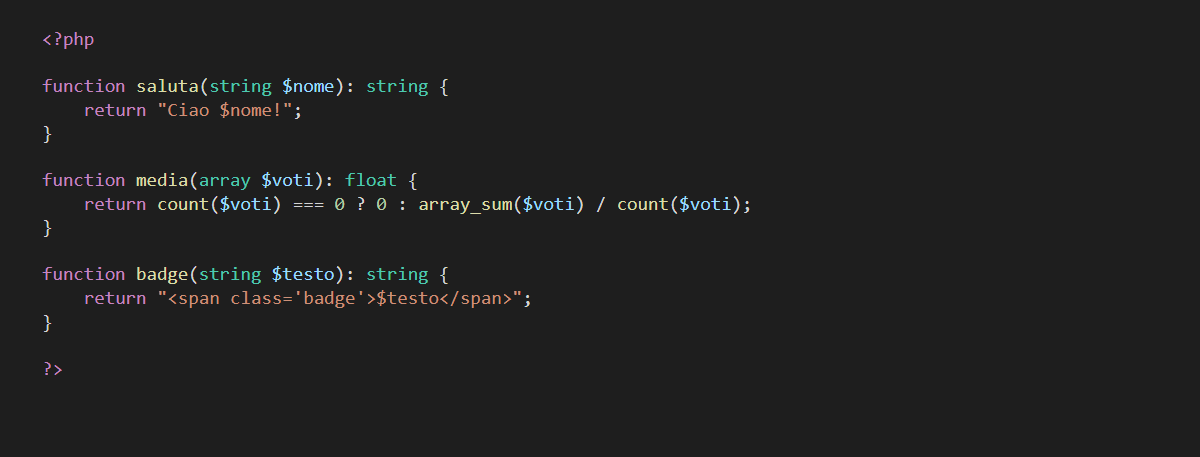 Screenshot of a PHP file with basic functions
